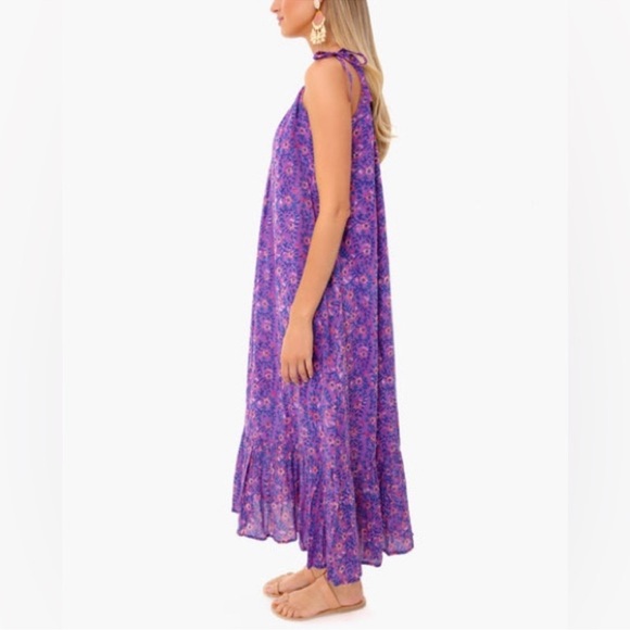 Emerson Fry India Sundress Violet Wildflower Tie Straps Size M L Tiered Maxi - Picture 2 of 10